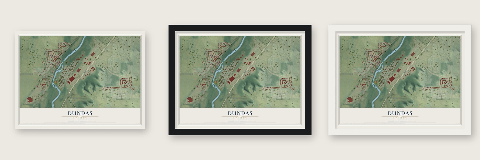 Dundas, Minnesota map unframed, in a black wood frame and in a white wood frame