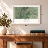 Dundas, Minnesota map, 12 x 18 inch print in a white frame in an entryway