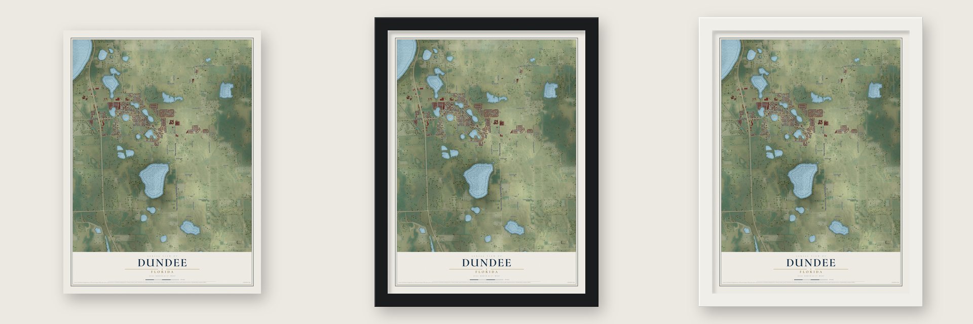 Dundee, Florida map unframed, in a black wood frame and in a white wood frame