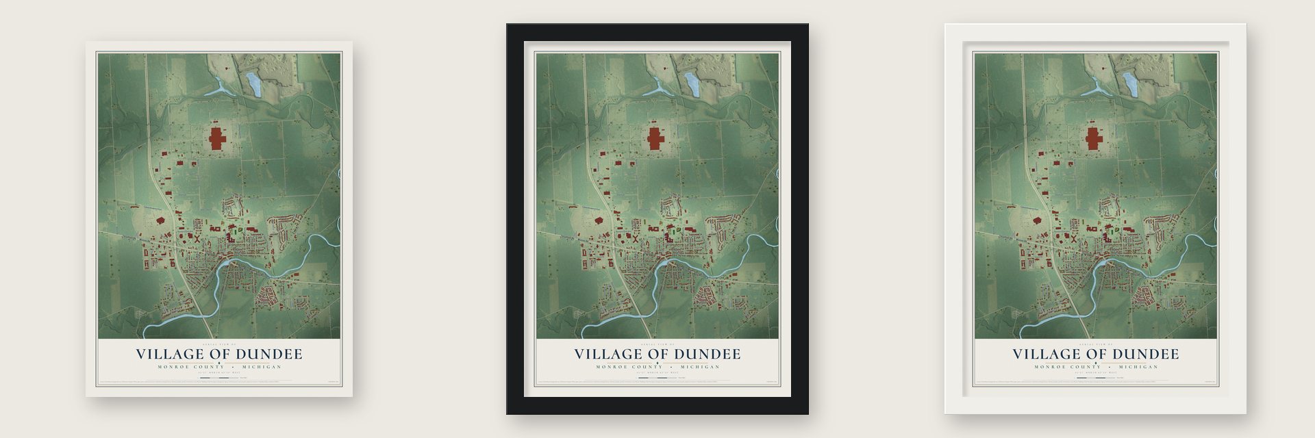 Dundee, Michigan map unframed, in a black wood frame and in a white wood frame