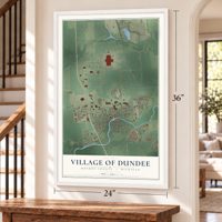 Dundee, Michigan map, 24 x 36 inch print in a white frame by a staircase