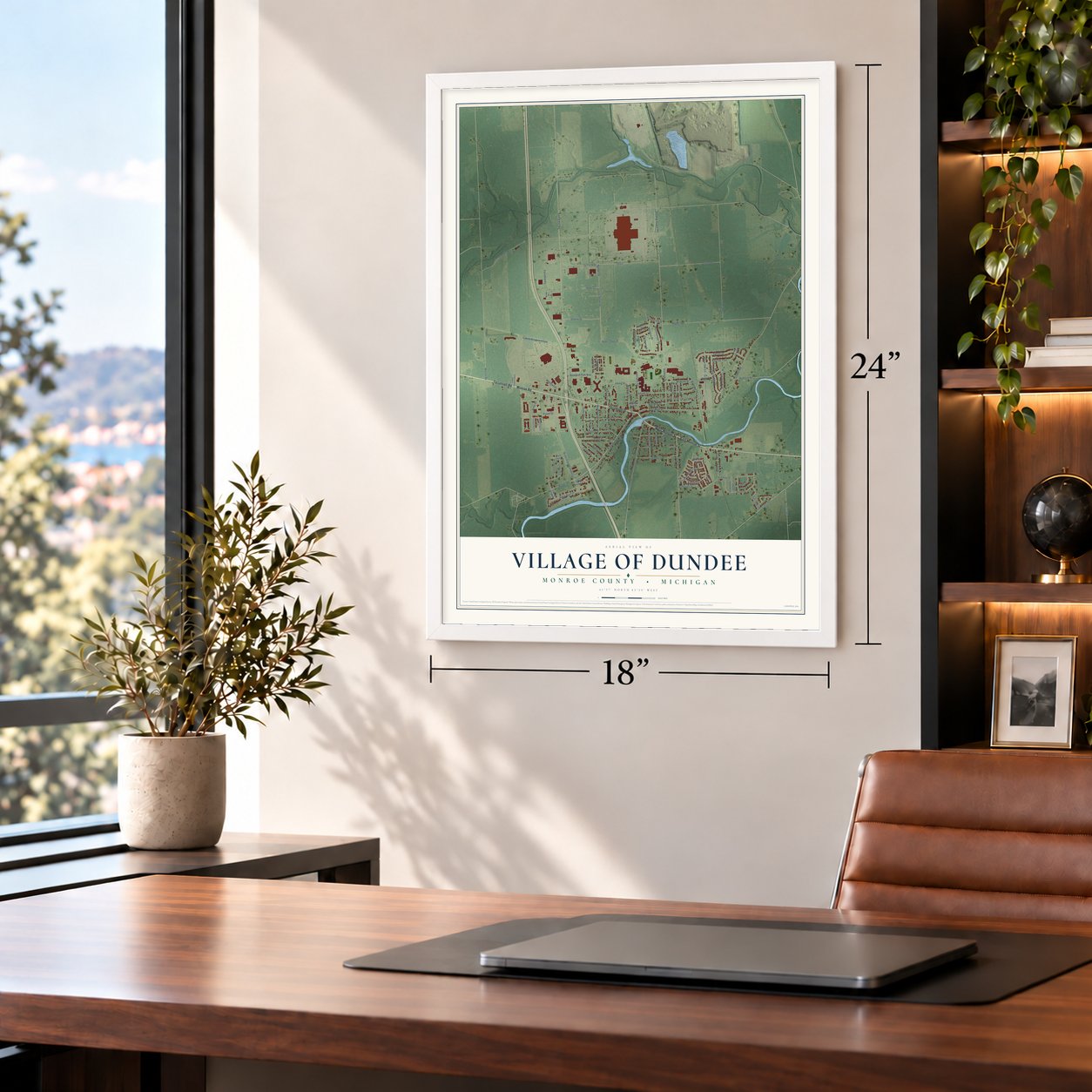 Dundee, Michigan map, 18 x 24 inch print in a white frame in a home office