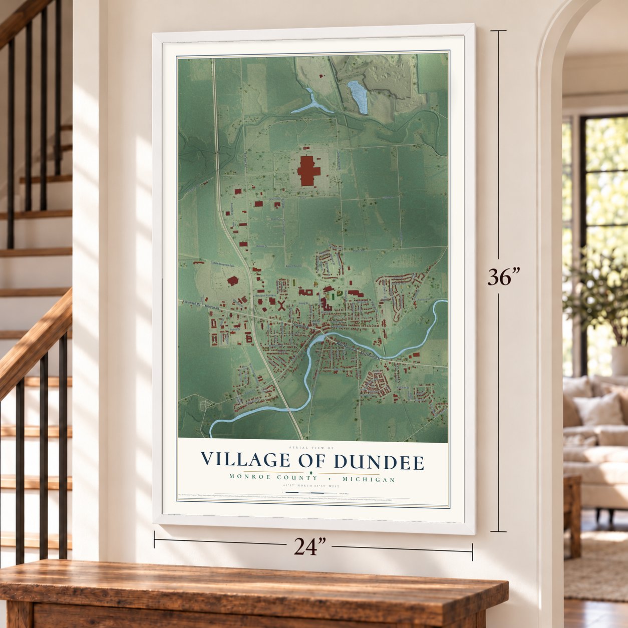 Dundee, Michigan map, 24 x 36 inch print in a white frame by a staircase