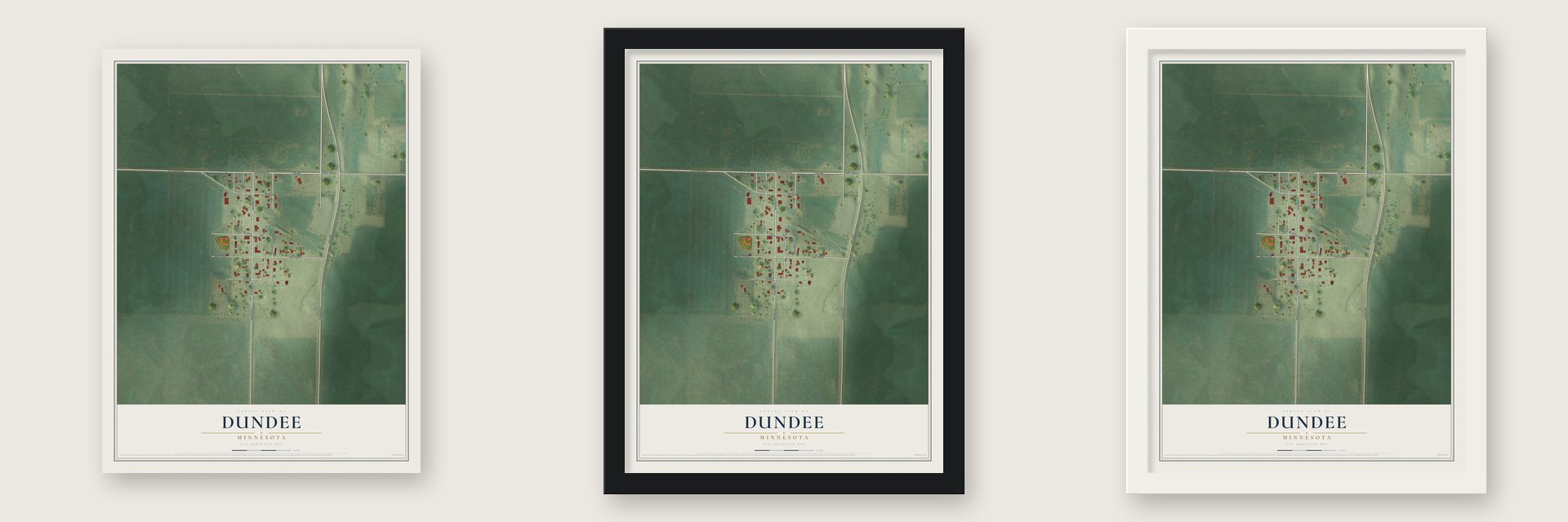 Dundee, Minnesota map unframed, in a black wood frame and in a white wood frame