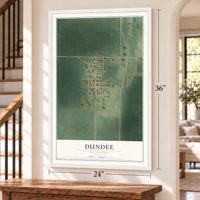 Dundee, Minnesota map, 24 x 36 inch print in a white frame by a staircase
