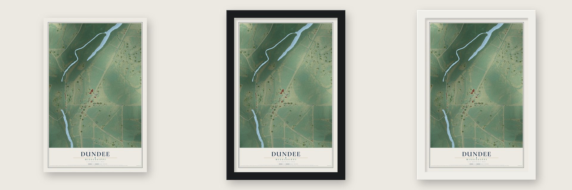 Dundee, Mississippi map unframed, in a black wood frame and in a white wood frame