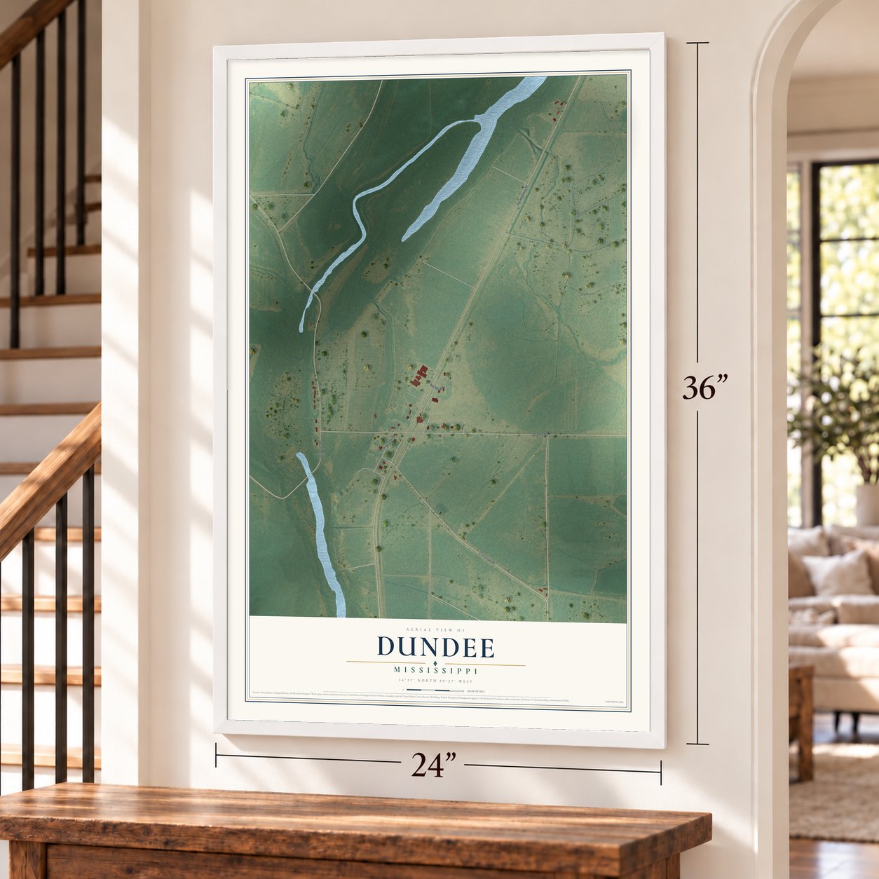 Dundee, Mississippi map, 24 x 36 inch print in a white frame by a staircase