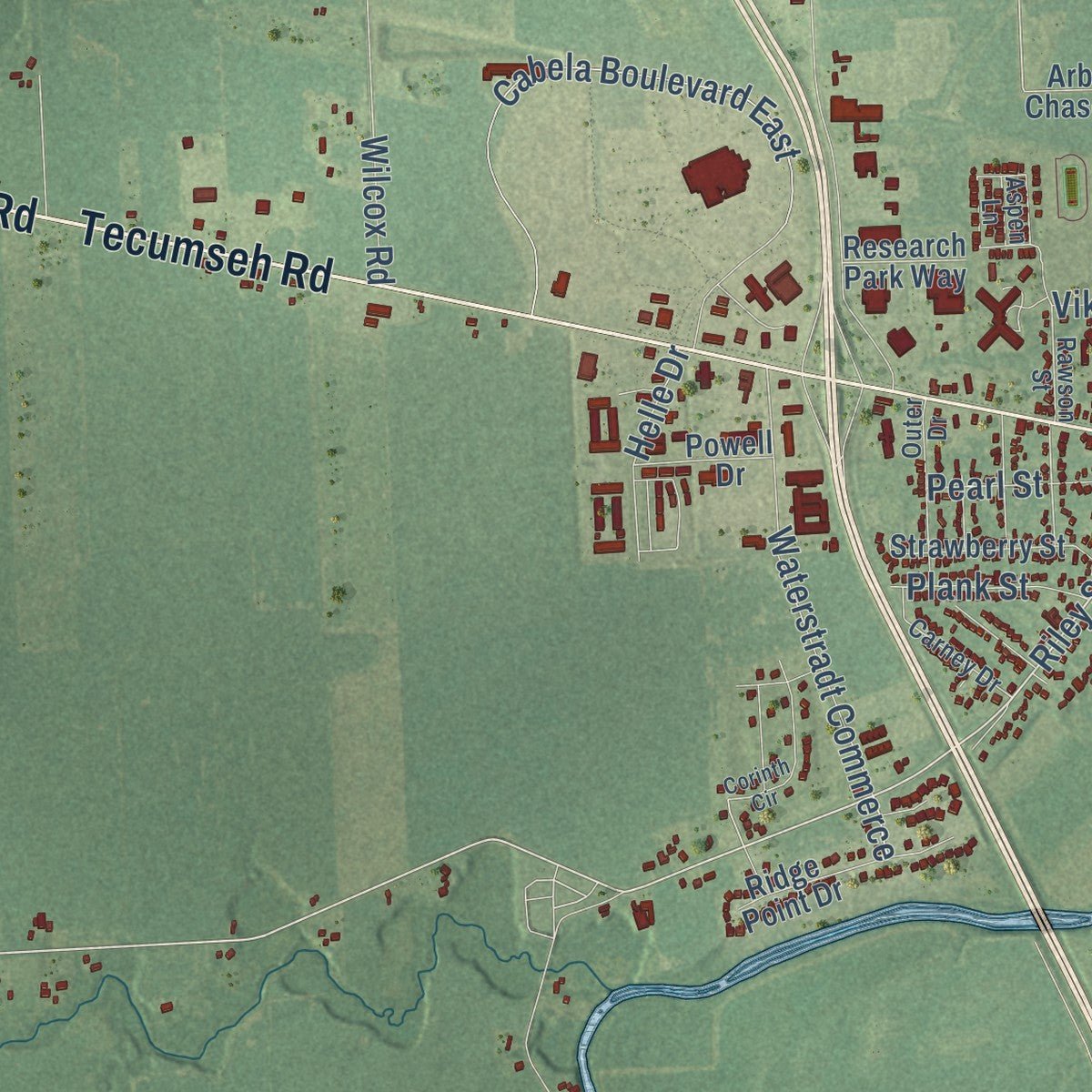 Second close-up of the map of Dundee, Monroe County, Michigan print showing more streets and buildings