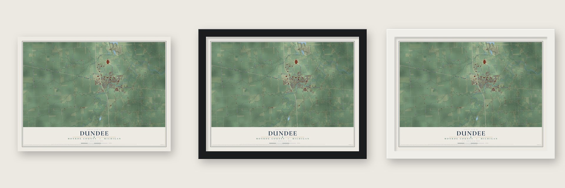 Dundee, Monroe County, Michigan map unframed, in a black wood frame and in a white wood frame