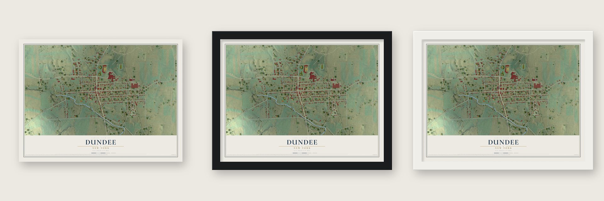 Dundee, New York map unframed, in a black wood frame and in a white wood frame