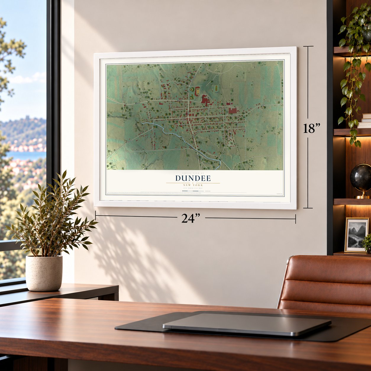 Dundee, New York map, 18 x 24 inch print in a white frame in a home office