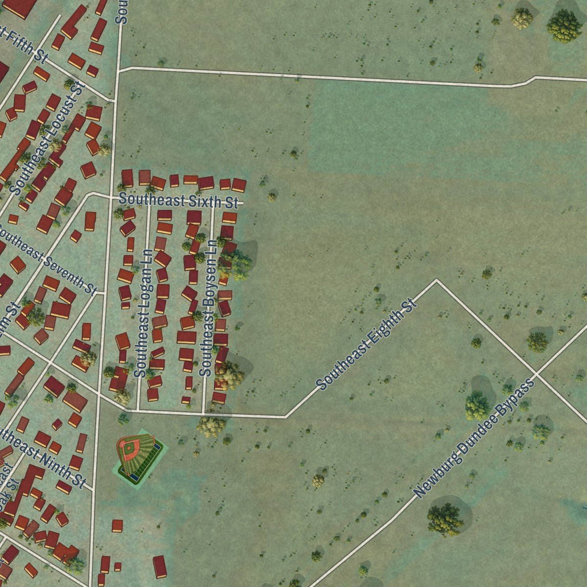 Second close-up of the map of Dundee, Oregon print showing more streets and buildings