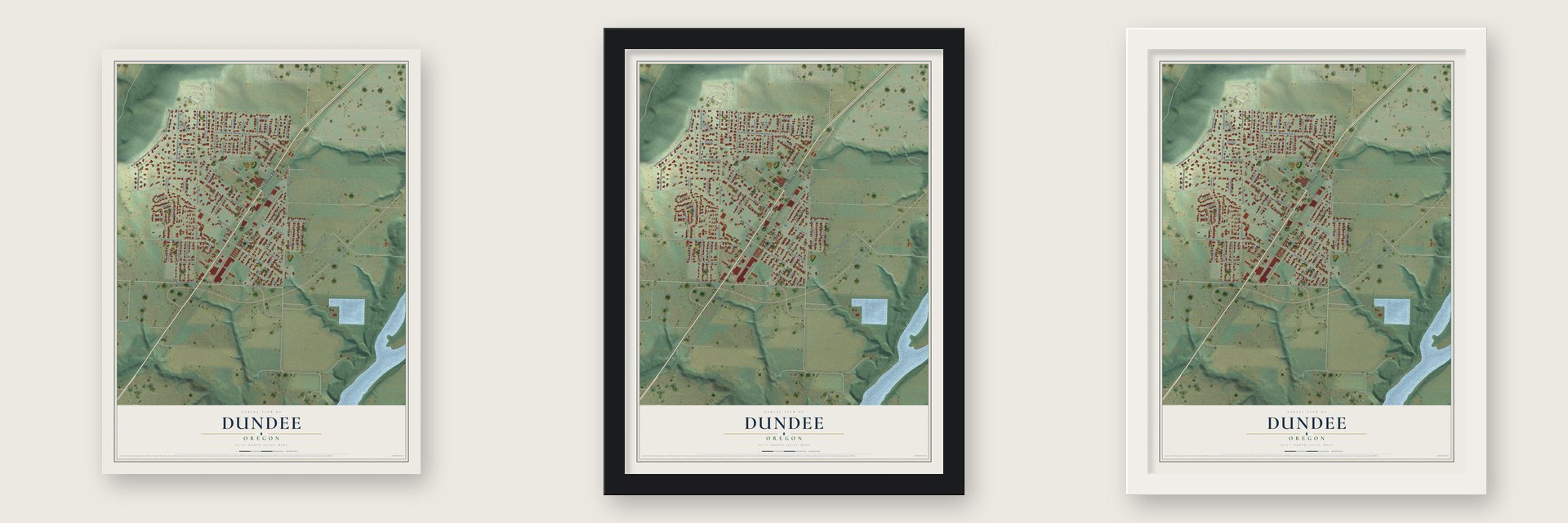Dundee, Oregon map unframed, in a black wood frame and in a white wood frame