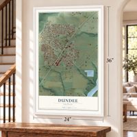 Dundee, Oregon map, 24 x 36 inch print in a white frame by a staircase
