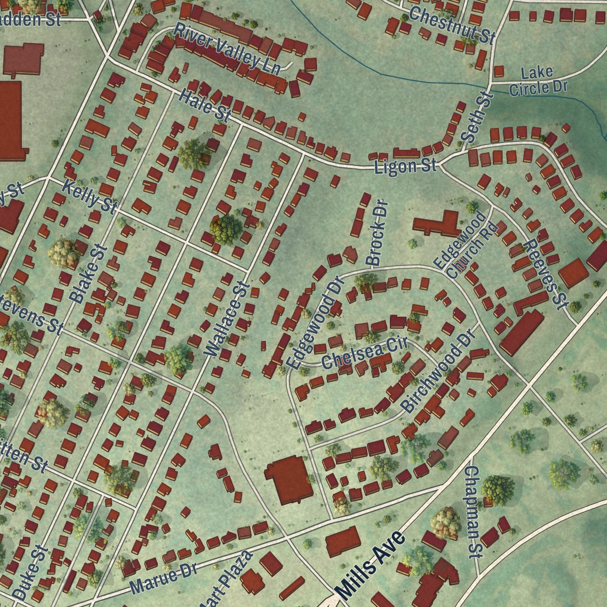 Second close-up of the map of Dunean, South Carolina print showing more streets and buildings
