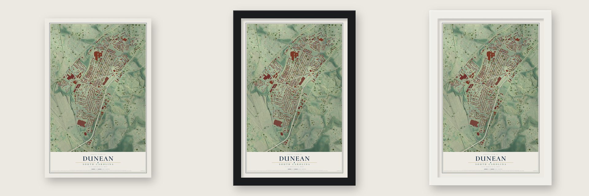 Dunean, South Carolina map unframed, in a black wood frame and in a white wood frame