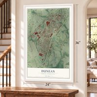 Dunean, South Carolina map, 24 x 36 inch print in a white frame by a staircase