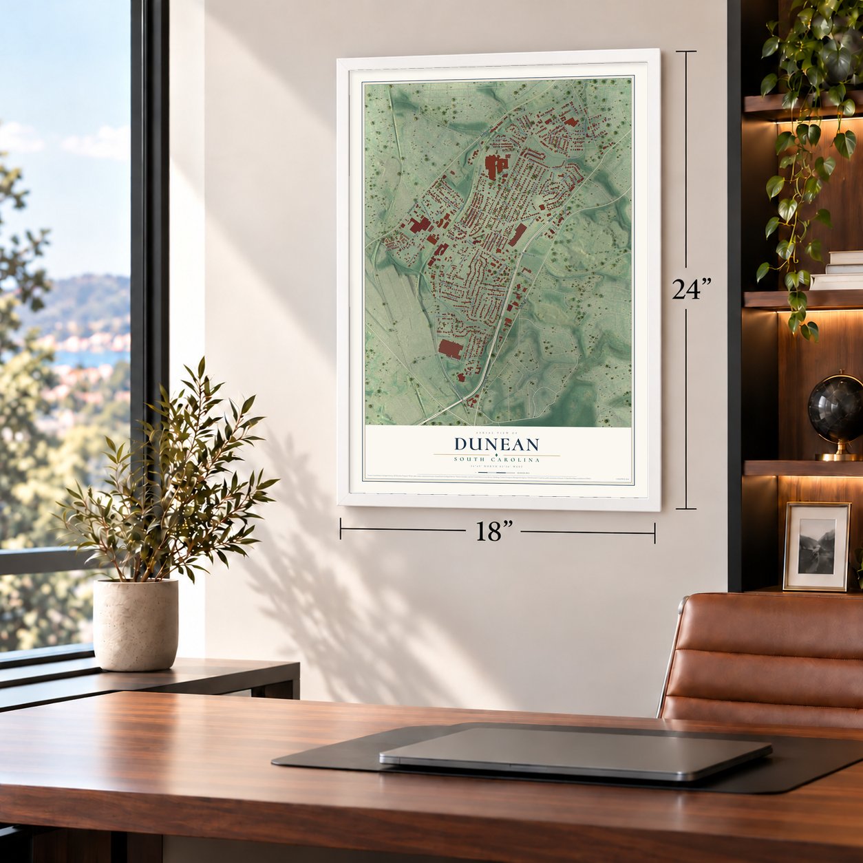 Dunean, South Carolina map, 18 x 24 inch print in a white frame in a home office