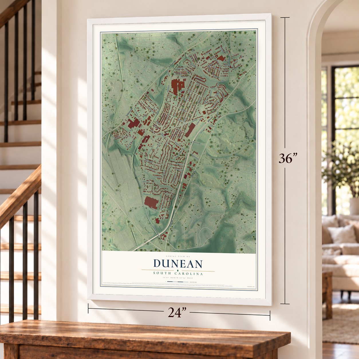 Dunean, South Carolina map, 24 x 36 inch print in a white frame by a staircase