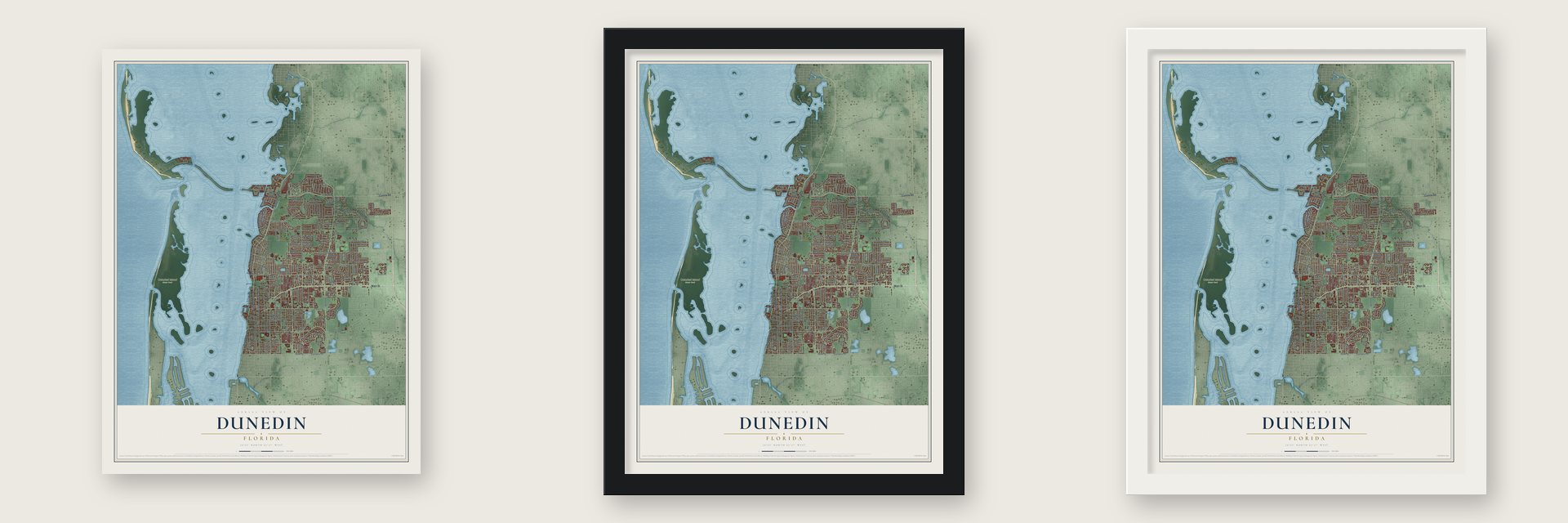 Dunedin, Florida map unframed, in a black wood frame and in a white wood frame