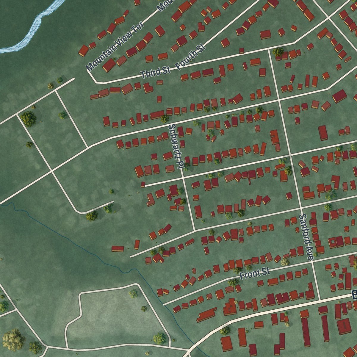 Second close-up of the map of Dunellen, New Jersey print showing more streets and buildings