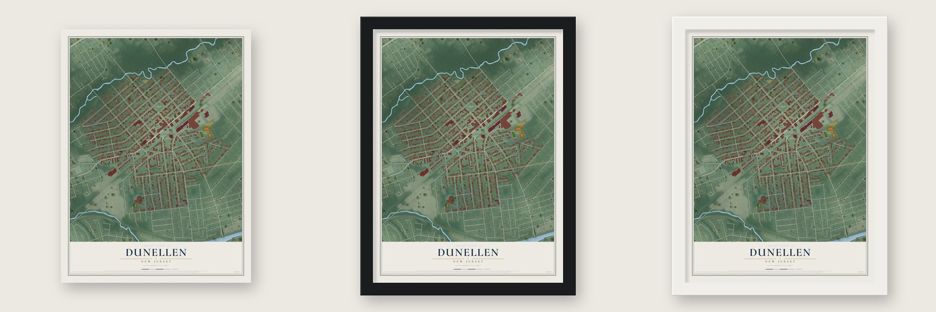 Dunellen, New Jersey map unframed, in a black wood frame and in a white wood frame