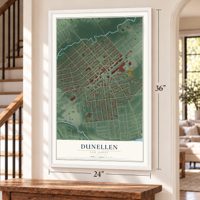 Dunellen, New Jersey map, 24 x 36 inch print in a white frame by a staircase