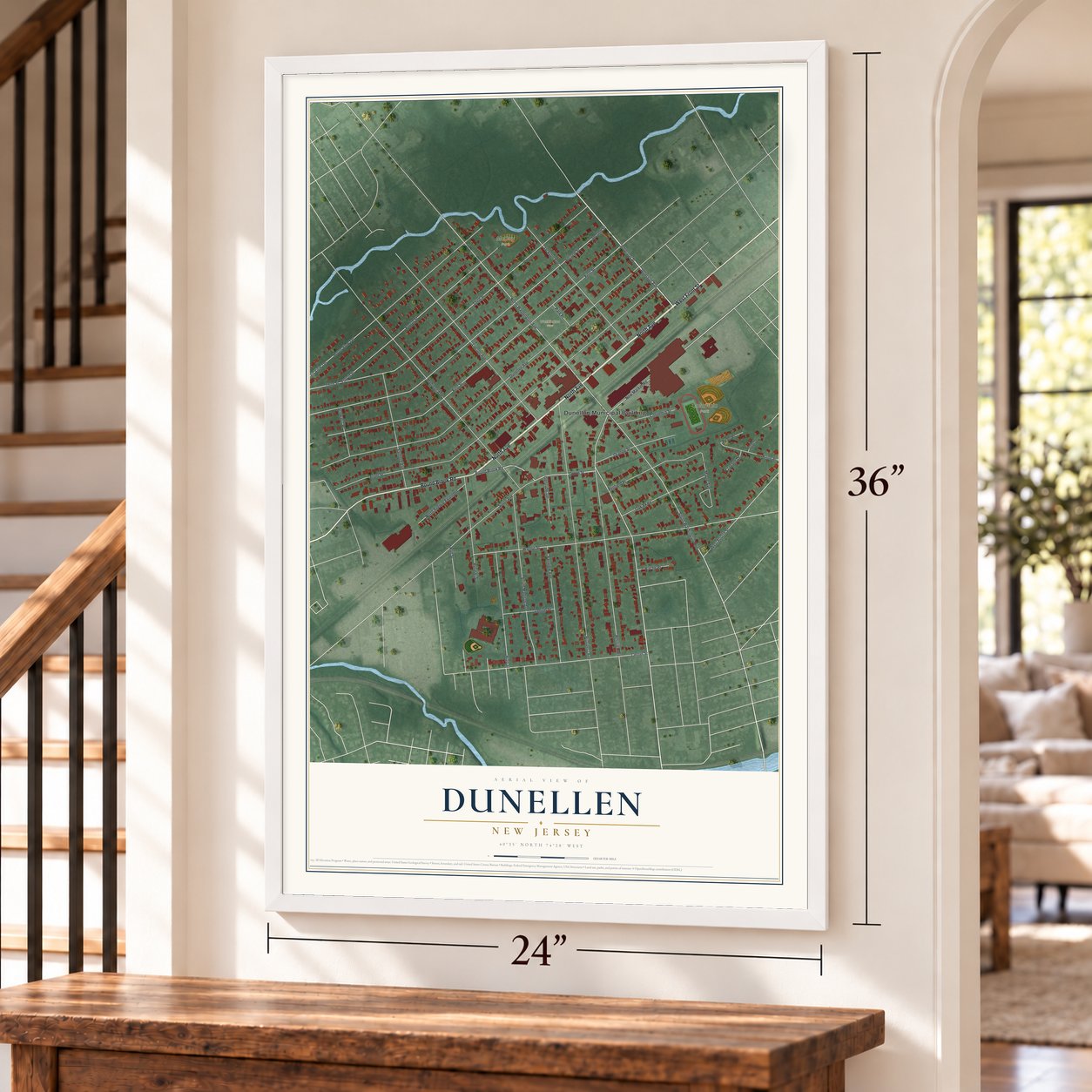 Dunellen, New Jersey map, 24 x 36 inch print in a white frame by a staircase