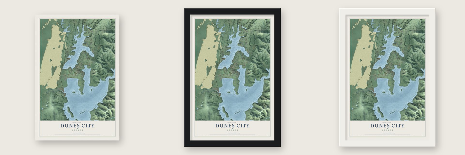 Dunes City, Oregon map unframed, in a black wood frame and in a white wood frame