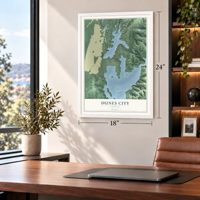 Dunes City, Oregon map, 18 x 24 inch print in a white frame in a home office