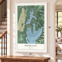 Dunes City, Oregon map, 24 x 36 inch print in a white frame by a staircase