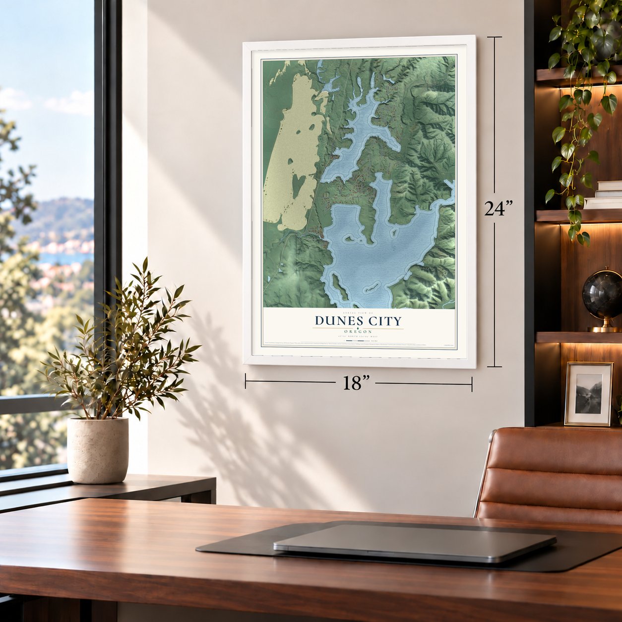 Dunes City, Oregon map, 18 x 24 inch print in a white frame in a home office