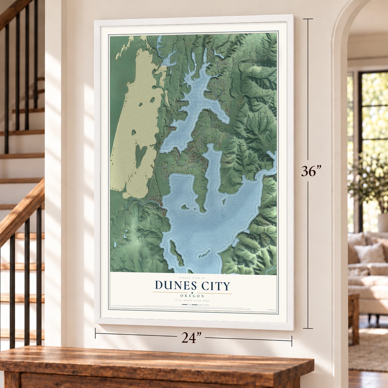 Dunes City, Oregon map, 24 x 36 inch print in a white frame by a staircase