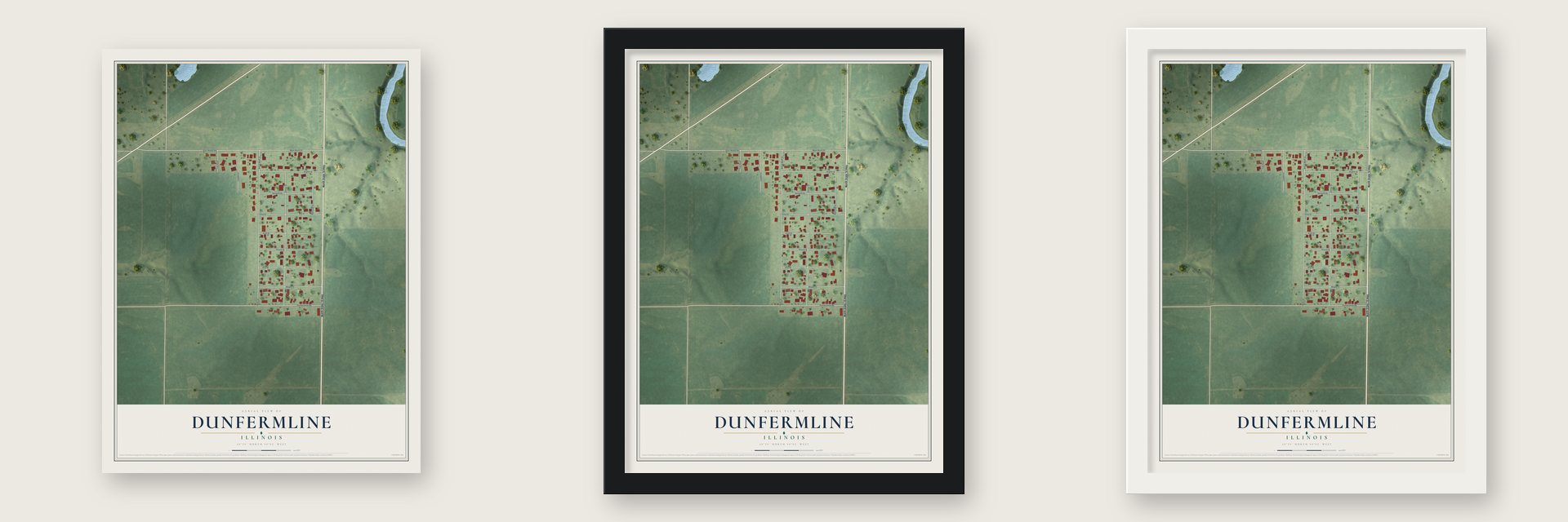 Dunfermline, Illinois map unframed, in a black wood frame and in a white wood frame