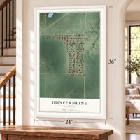 Dunfermline, Illinois map, 24 x 36 inch print in a white frame by a staircase
