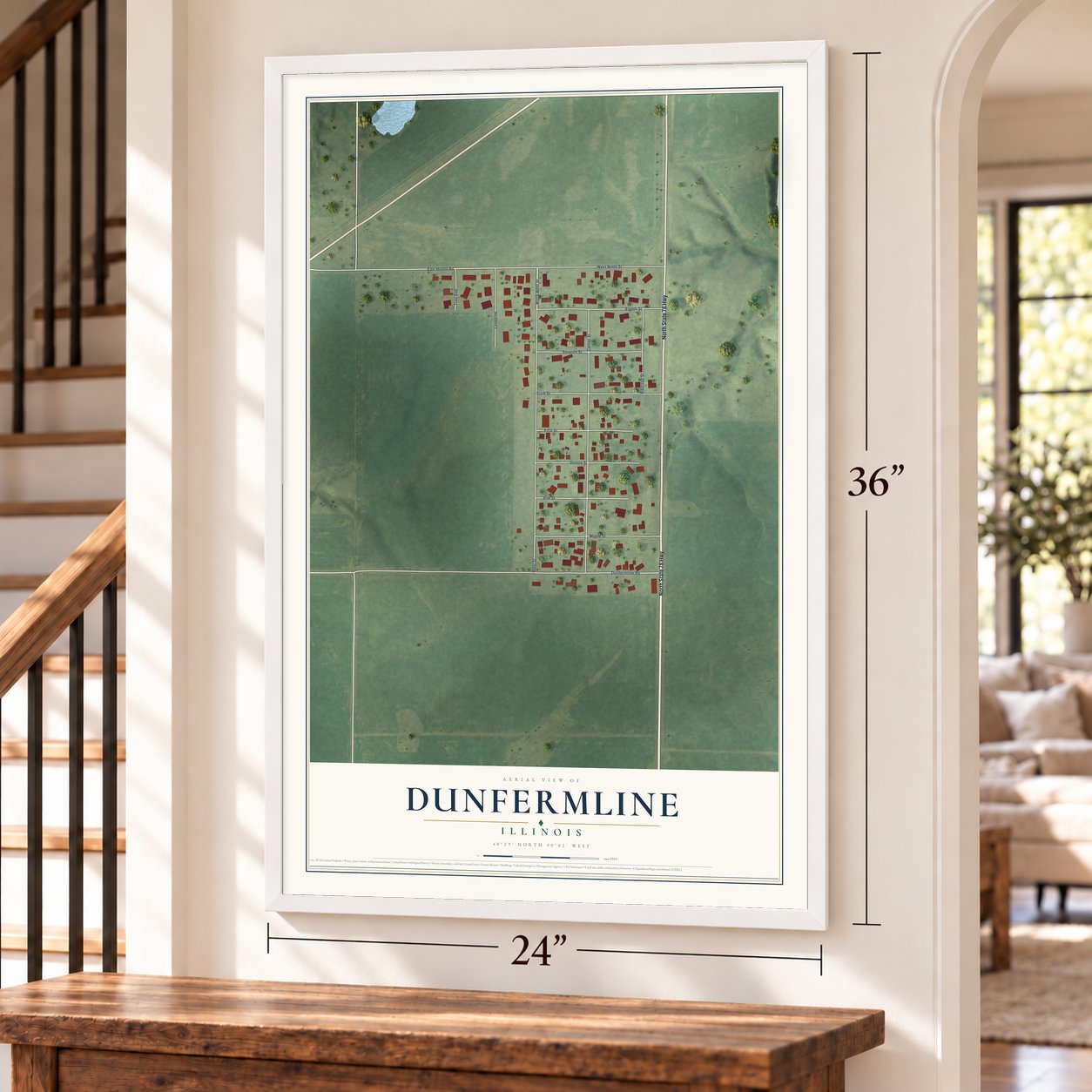 Dunfermline, Illinois map, 24 x 36 inch print in a white frame by a staircase