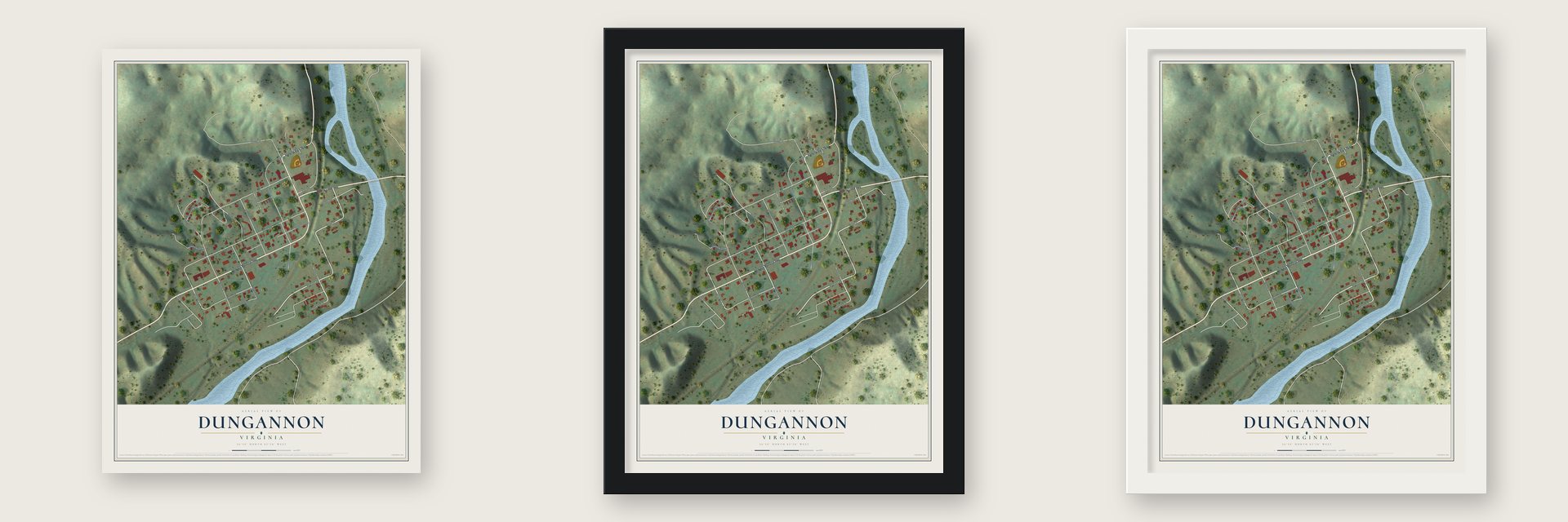 Dungannon, Virginia map unframed, in a black wood frame and in a white wood frame