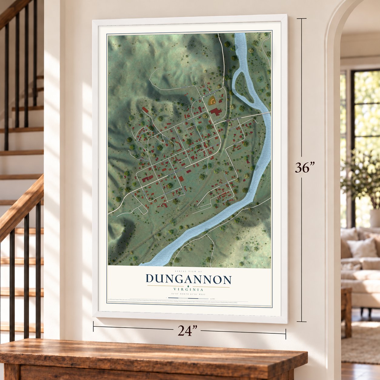 Dungannon, Virginia map, 24 x 36 inch print in a white frame by a staircase
