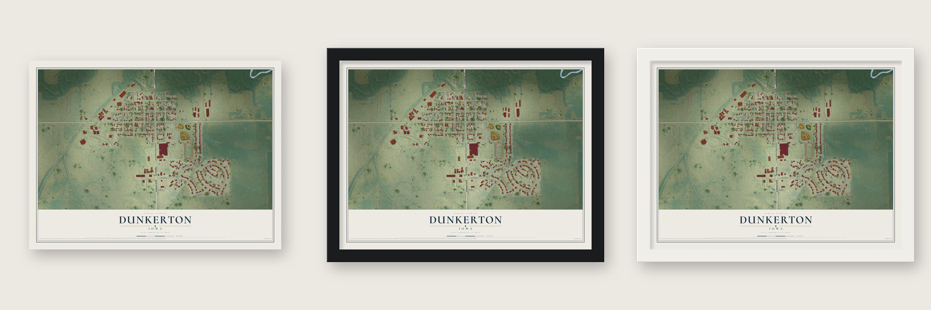 Dunkerton, Iowa map unframed, in a black wood frame and in a white wood frame