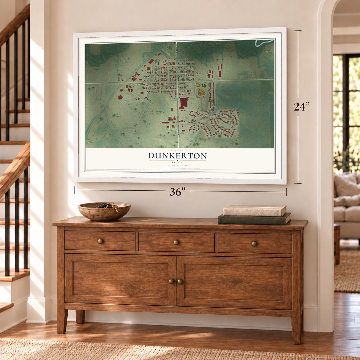 Dunkerton, Iowa map, 24 x 36 inch print in a white frame above a dresser by a staircase