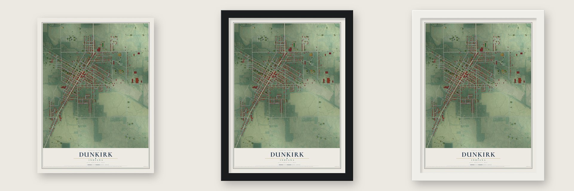 Dunkirk, Indiana map unframed, in a black wood frame and in a white wood frame