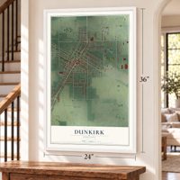 Dunkirk, Indiana map, 24 x 36 inch print in a white frame by a staircase