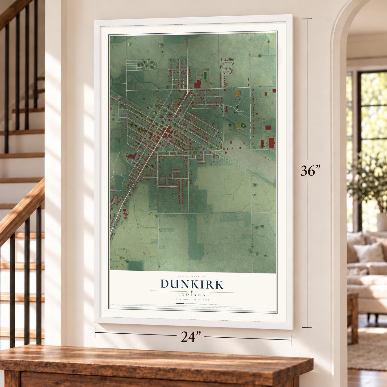Dunkirk, Indiana map, 24 x 36 inch print in a white frame by a staircase