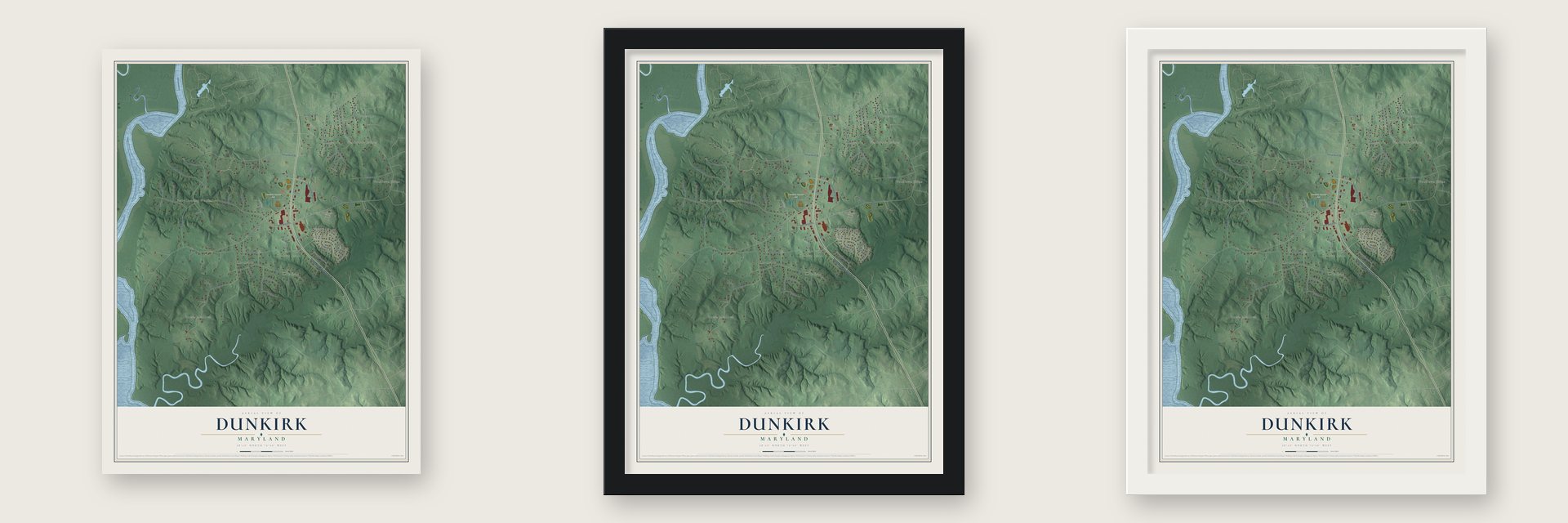Dunkirk, Maryland map unframed, in a black wood frame and in a white wood frame