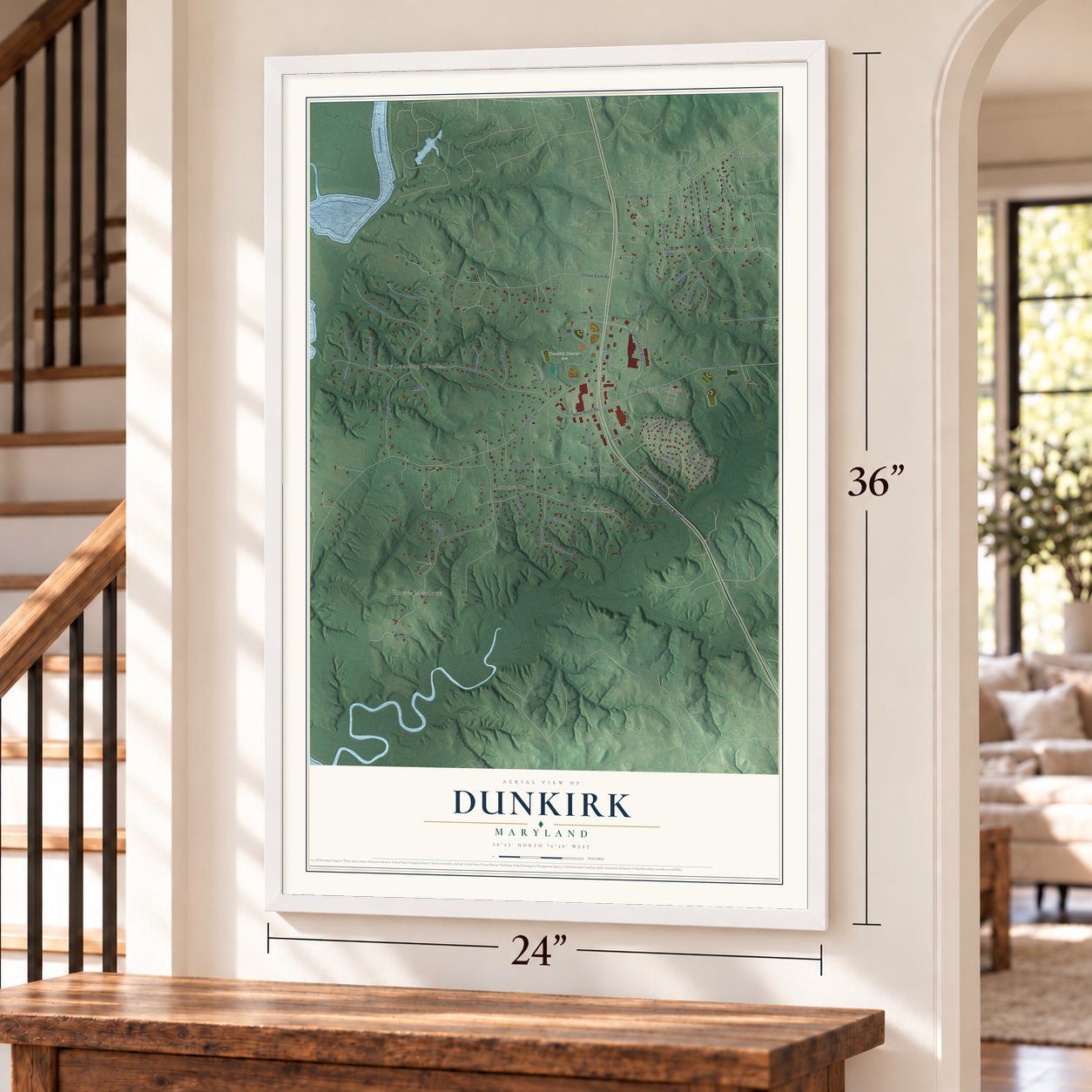 Dunkirk, Maryland map, 24 x 36 inch print in a white frame by a staircase