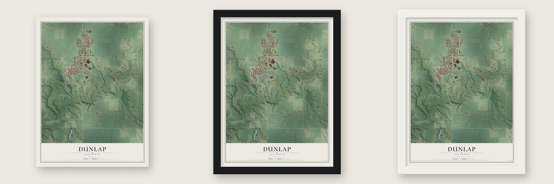 Dunlap, Illinois map unframed, in a black wood frame and in a white wood frame