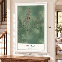 Dunlap, Illinois map, 24 x 36 inch print in a white frame by a staircase