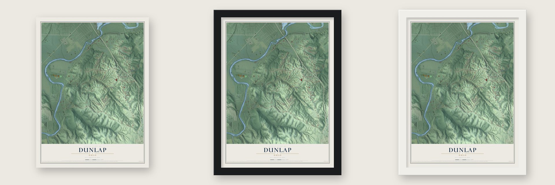 Dunlap, Ohio map unframed, in a black wood frame and in a white wood frame