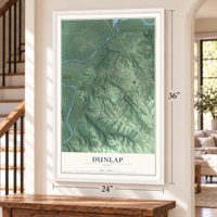 Dunlap, Ohio map, 24 x 36 inch print in a white frame by a staircase