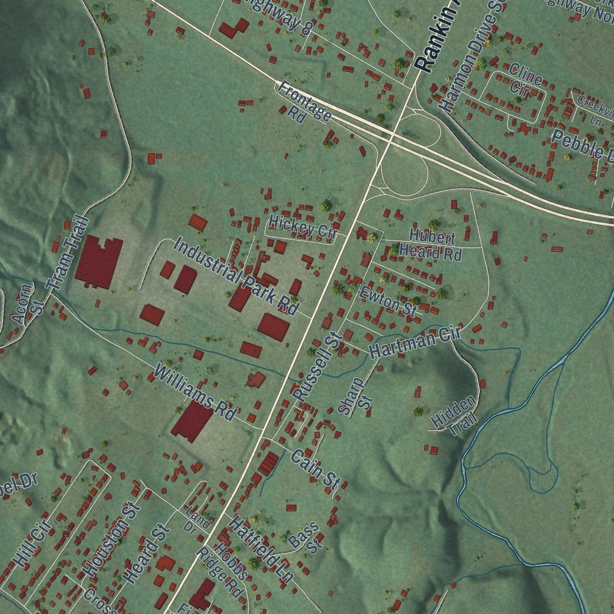 Second close-up of the map of Dunlap, Tennessee print showing more streets and buildings